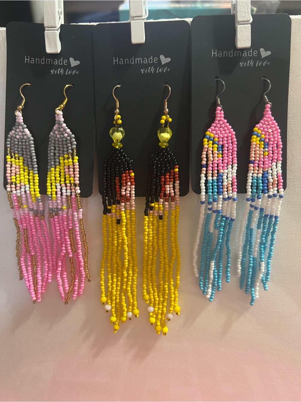 Handmade Pink, Blue & Yellow Beaded Fringe Earrings — Colorful Fringe Statement